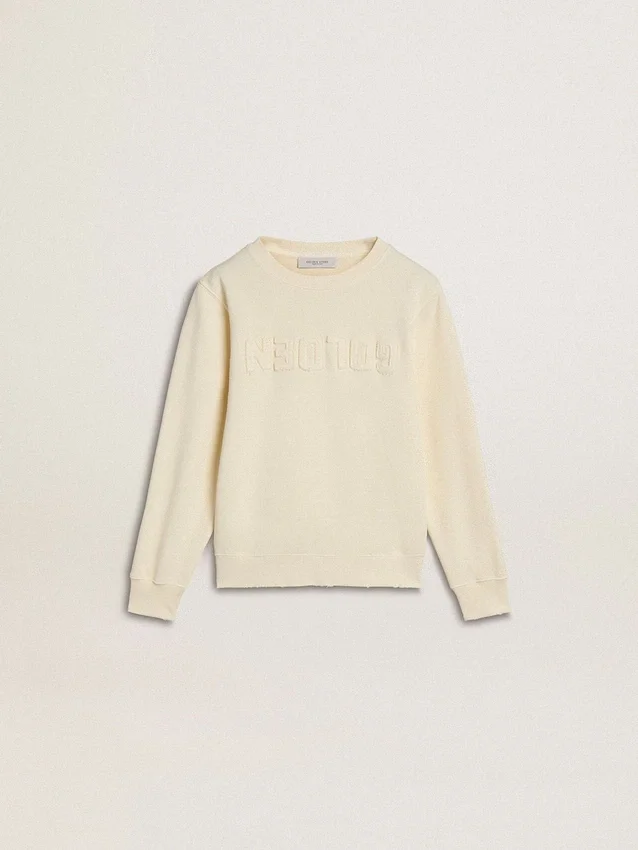 Sudadera color crema para niñas con letras en parches