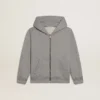 Sudadera con capucha gris jaspeada con estampado en la espalda
