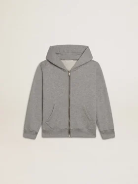 Sudadera con capucha gris jaspeada con estampado en la espalda
