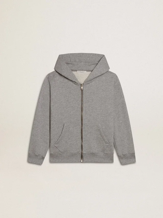 Sudadera con capucha gris jaspeada con estampado en la espalda