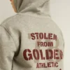 Sudadera con capucha gris jaspeada con estampado en la espalda