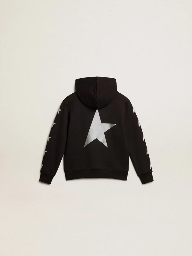 Sudadera con capucha para niños en negro con estrellas plateadas en contraste