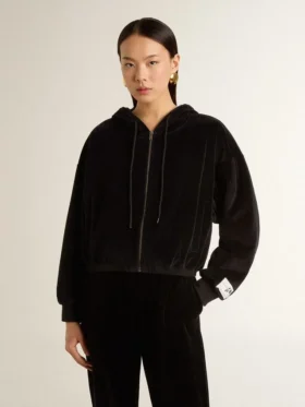 Sudadera con capucha y cremallera para mujer, de mezcla de algodón, en color negro