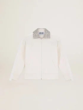 Sudadera con cremallera de la Star Collection en blanco papiro con cuello de cristales