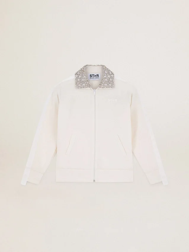 Sudadera con cremallera de la Star Collection en blanco papiro con cuello de cristales