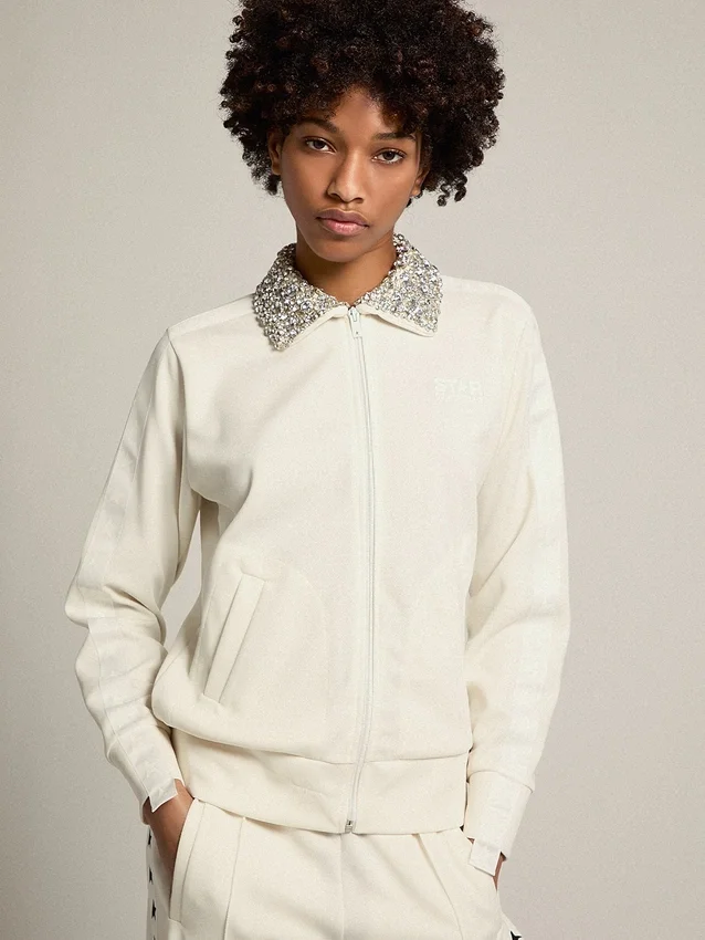Sudadera con cremallera de la Star Collection en blanco papiro con cuello de cristales