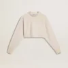 Sudadera corta de algodón color crema para mujer con cristales en el frente