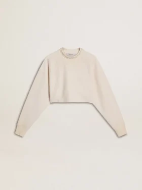 Sudadera corta de algodón color crema para mujer con cristales en el frente