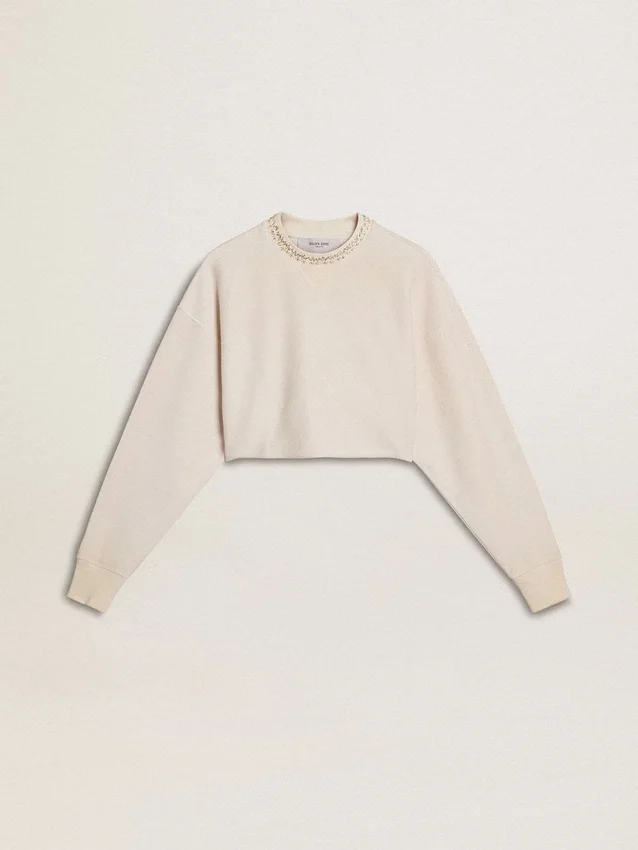 Sudadera corta de algodón color crema para mujer con cristales en el frente