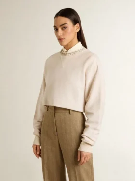 Sudadera corta de algodón color crema para mujer con cristales en el frente