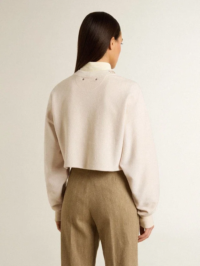 Sudadera corta de algodón color crema para mujer con cristales en el frente