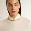 Sudadera corta de algodón color crema para mujer con cristales en el frente