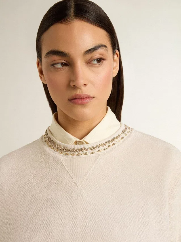 Sudadera corta de algodón color crema para mujer con cristales en el frente