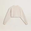 Sudadera corta de algodón color crema para mujer con cristales en el frente