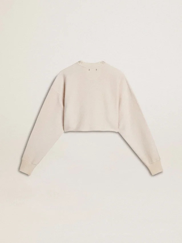 Sudadera corta de algodón color crema para mujer con cristales en el frente