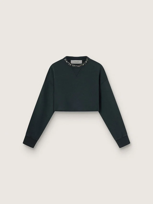 Sudadera corta de algodón para mujer con cristales en el frente