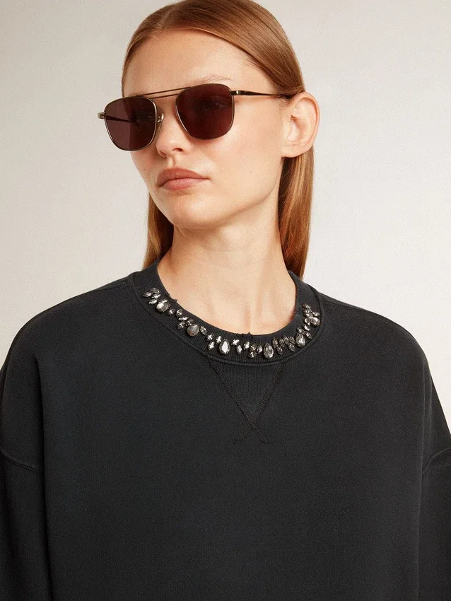 Sudadera corta de algodón para mujer con cristales en el frente