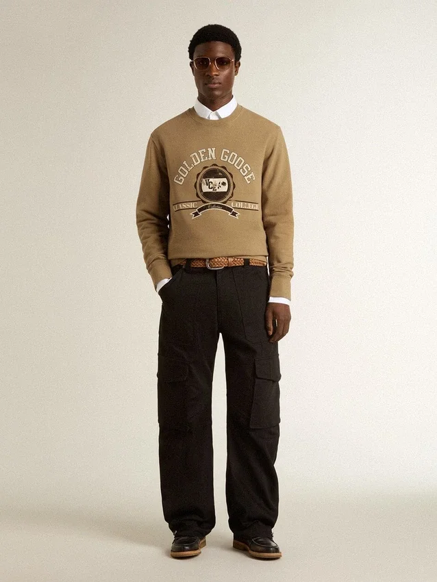 Sudadera de algodón beige para hombre con estampado en el frente