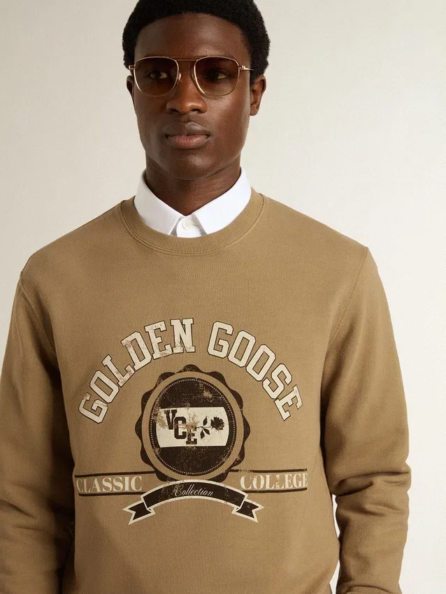 Sudadera de algodón beige para hombre con estampado en el frente