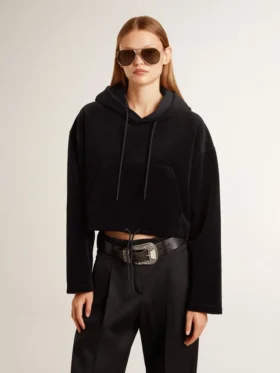 Sudadera de chenilla negra para mujer con bordado en la espalda