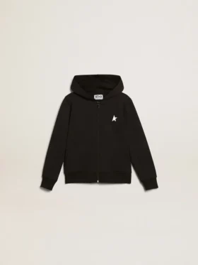 Sudadera negra con capucha, estrella blanca en contraste y logotipo