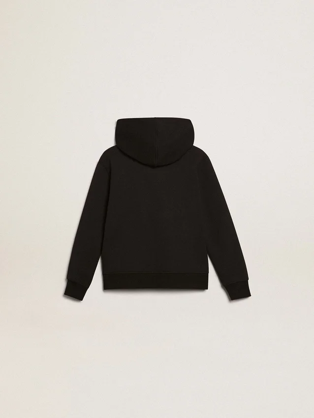 Sudadera negra con capucha, estrella blanca en contraste y logotipo