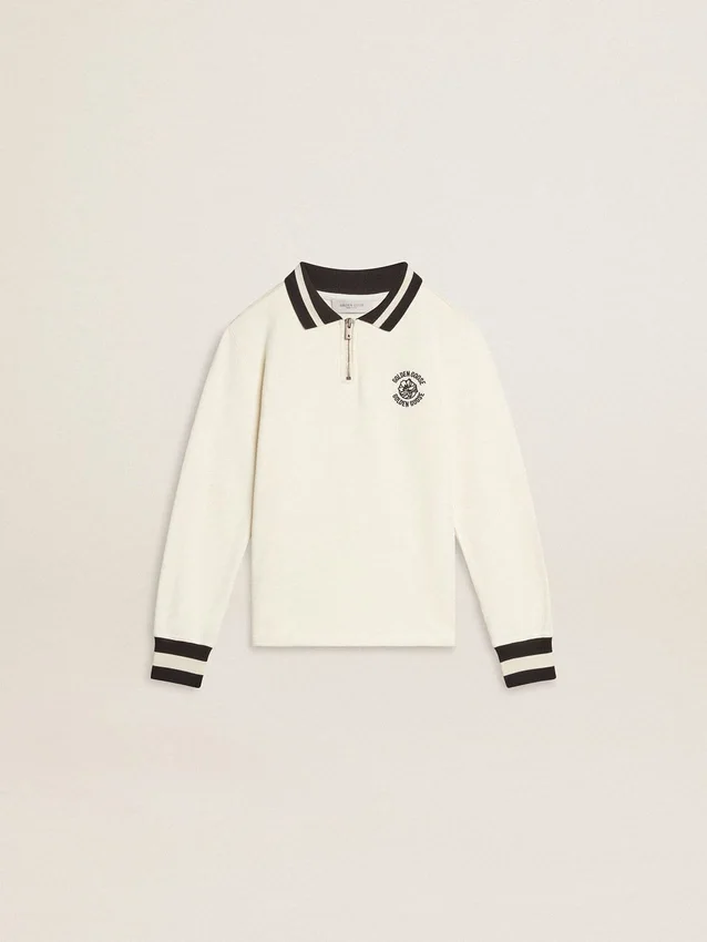 Sudadera polo infantil de algodón blanco con bordado en el pecho y estampado en la espalda