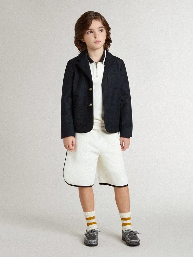 Sudadera polo infantil de algodón blanco con bordado en el pecho y estampado en la espalda