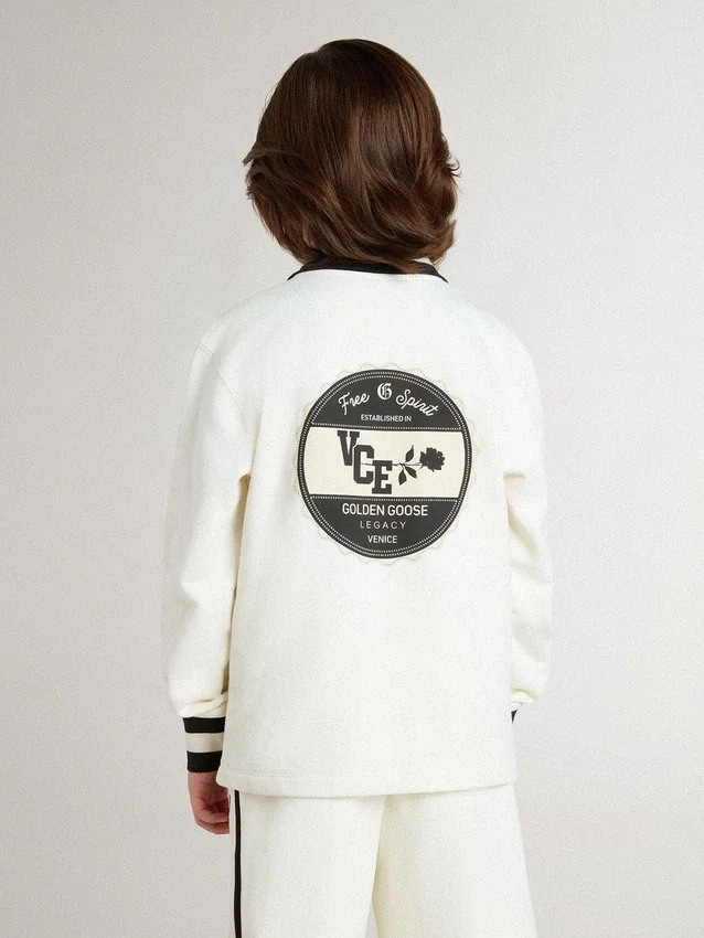 Sudadera polo infantil de algodón blanco con bordado en el pecho y estampado en la espalda