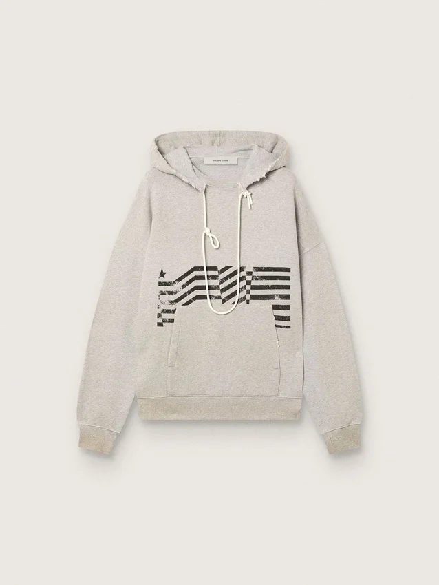 Sudadera unisex con capucha de algodón gris con estampado de bandera vintage