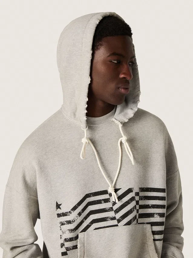 Sudadera unisex con capucha de algodón gris con estampado de bandera vintage