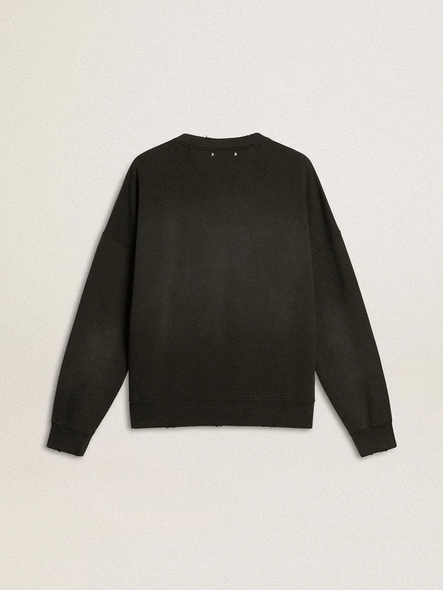 Sudadera unisex de algodón negro desgastado con logotipo bordado