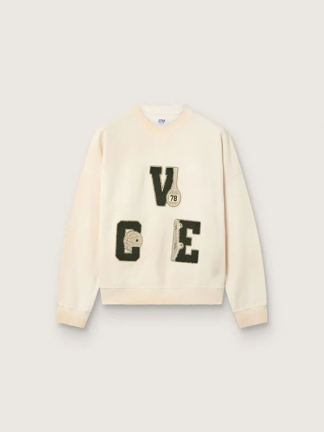 Sudadera unisex de algodón «Star» en blanco vintage con parches bordados VCE