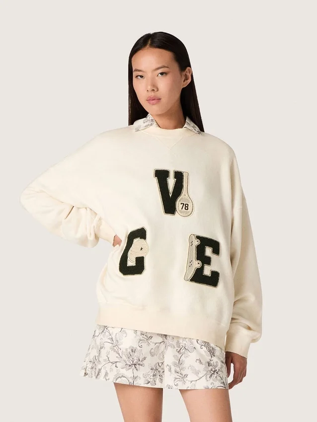 Sudadera unisex de algodón «Star» en blanco vintage con parches bordados VCE