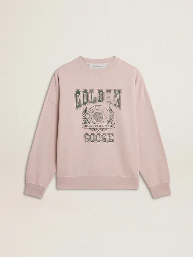 Sudadera unisex de cuello redondo en rosa antiguo con estampado de logotipo verde