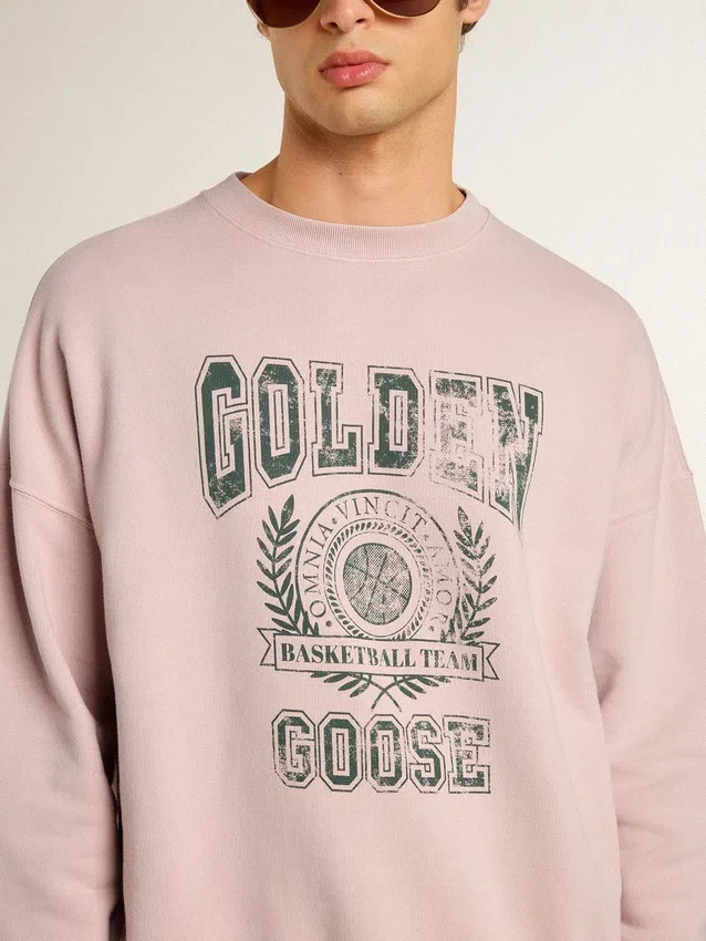 Sudadera unisex de cuello redondo en rosa antiguo con estampado de logotipo verde