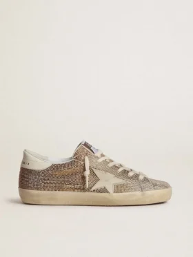Super-Star en gamuza beige y cristales multicolores con estrella y lengüeta del talón de cuero color crema