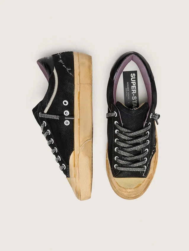 Super-Star LAB para hombre en gamuza laminada negra y nylon con estrella en relieve y cordones con cristales