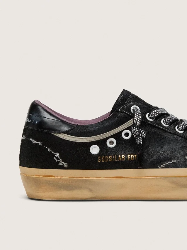 Super-Star LAB para hombre en gamuza laminada negra y nylon con estrella en relieve y cordones con cristales