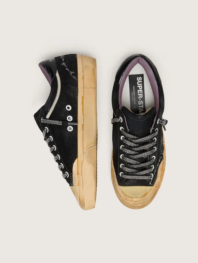Super-Star LAB para mujer en gamuza laminada negra y nylon con estrella en relieve y cordones con cristales