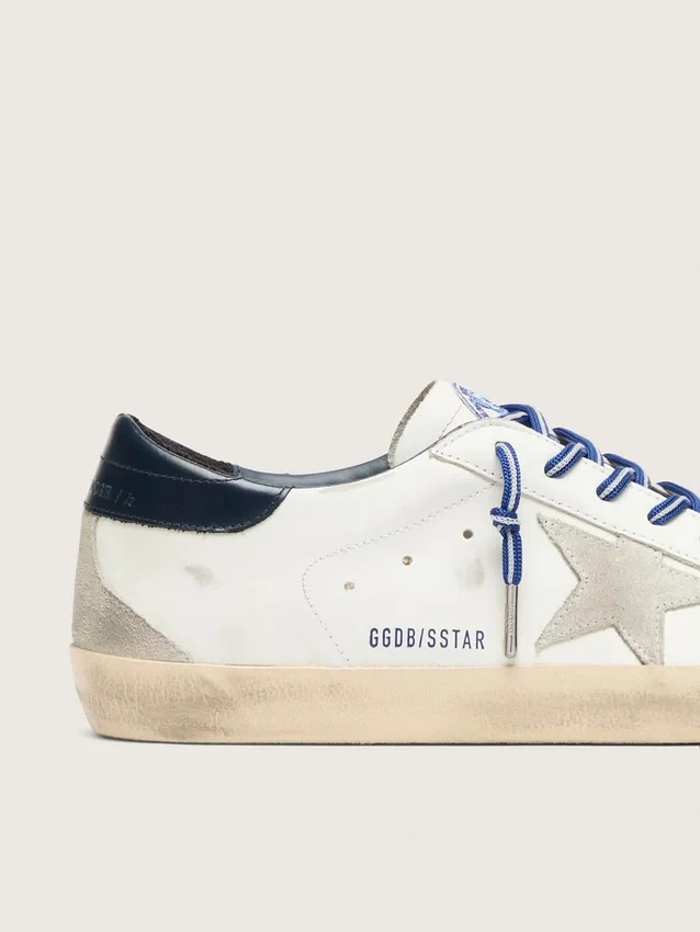 Super-Star LTD para hombre en cuero blanco con estrella de gamuza y lengüeta del talón de cuero azul
