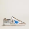 Super-Star LTD para hombre en gamuza plateada metalizada con estrella de cuero y lengüeta del talón de gamuza