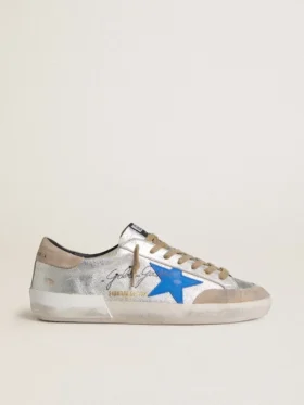Super-Star LTD para hombre en gamuza plateada metalizada con estrella de cuero y lengüeta del talón de gamuza