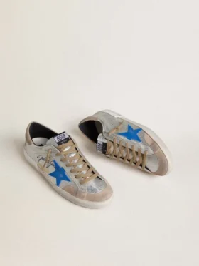 Super-Star LTD para hombre en gamuza plateada metalizada con estrella de cuero y lengüeta del talón de gamuza