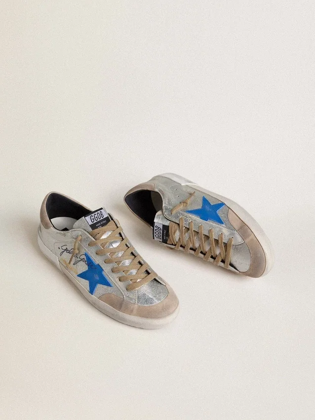 Super-Star LTD para hombre en gamuza plateada metalizada con estrella de cuero y lengüeta del talón de gamuza
