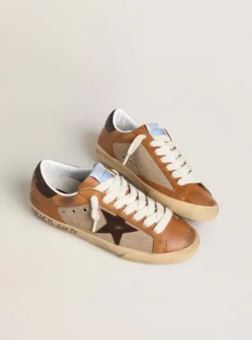 Super-Star LTD para hombre en lana beige con estrella de cuero marrón e inserciones color camello