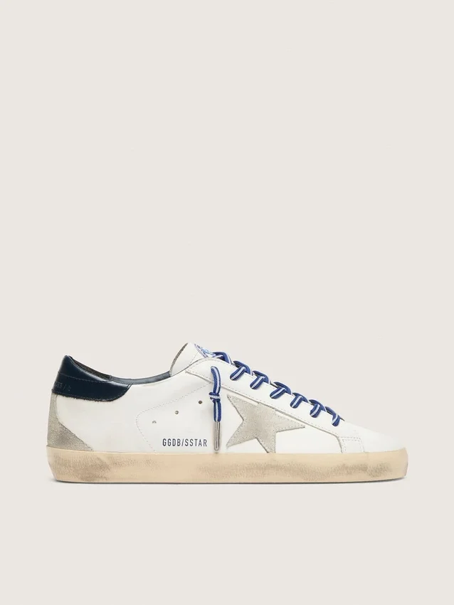 Super-Star LTD para mujer en cuero blanco con estrella de gamuza y lengüeta de talón de cuero azul