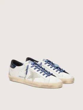 Super-Star LTD para mujer en cuero blanco con estrella de gamuza y lengüeta de talón de cuero azul