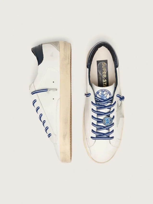 Super-Star LTD para mujer en cuero blanco con estrella de gamuza y lengüeta de talón de cuero azul