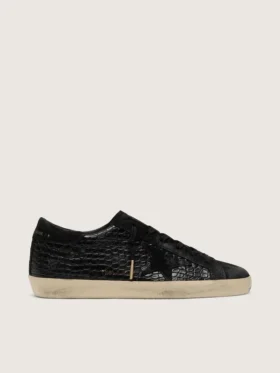 Super-Star LTD para mujer en cuero negro con estampado de cocodrilo, estrella de gamuza negra y lengüeta del talón